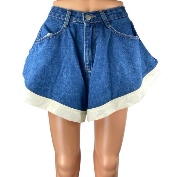 Cider Women's Blue Medium Wash High Waisted Flared Wide Leg Denim Jeans Shorts M - Picture 1 of 4